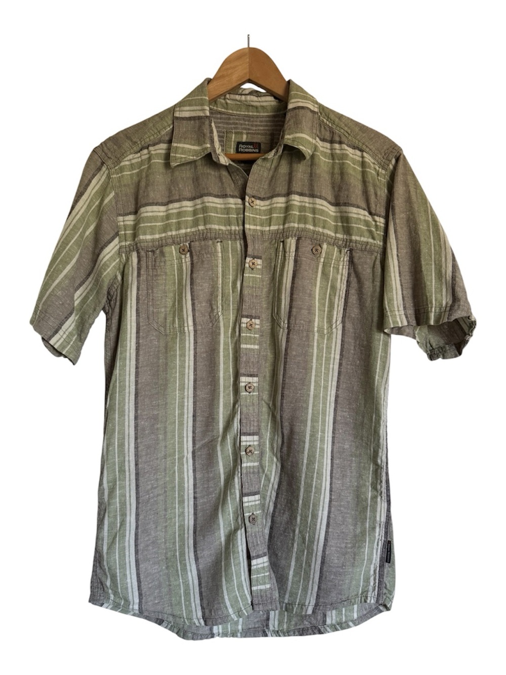 Royal Robbins Sage Green and Gray Short-Sleeve Button-Up Shirt Hemp/Cotton - M